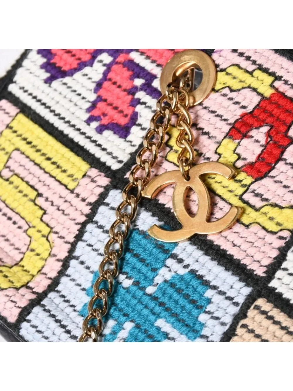 Chanel Icon Chain Bag CC Logo Wool Leather Multicolor Gold